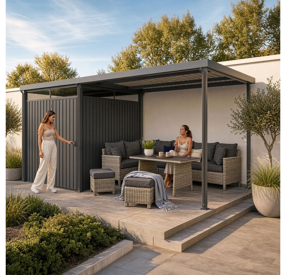 HOME DELUXE Terrasse Gartenhaus inkl. Überdachung LEVANTO, BxT:490x245 cm, Kombi-Set aus Geräteschuppen und Überdachung