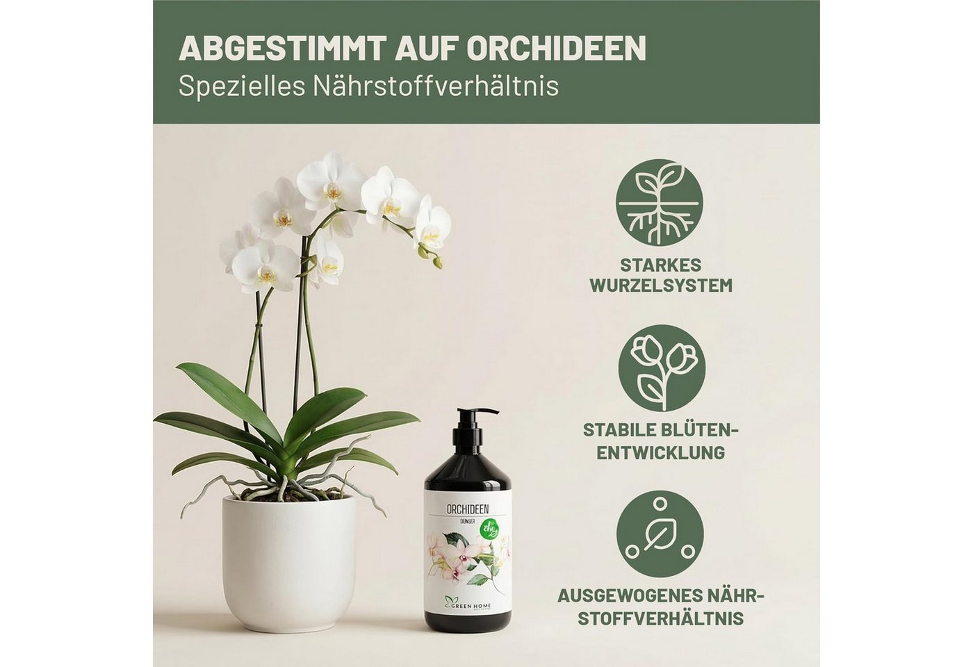 GREEN HOME LOVE NATURE Spezialdünger Orchideendünger flüssig NPK 5+5+7 mit Spurennährstoffen, Orchideen, NPK 5+5+7, Spurennährstoffe, chelatiert, Dosierpumpe