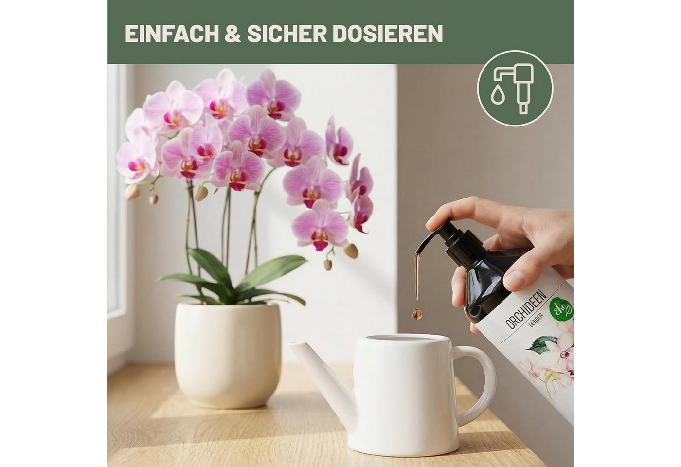 GREEN HOME LOVE NATURE Spezialdünger Orchideendünger flüssig NPK 5+5+7 mit Spurennährstoffen, Orchideen, NPK 5+5+7, Spurennährstoffe, chelatiert, Dosierpumpe Bild 3