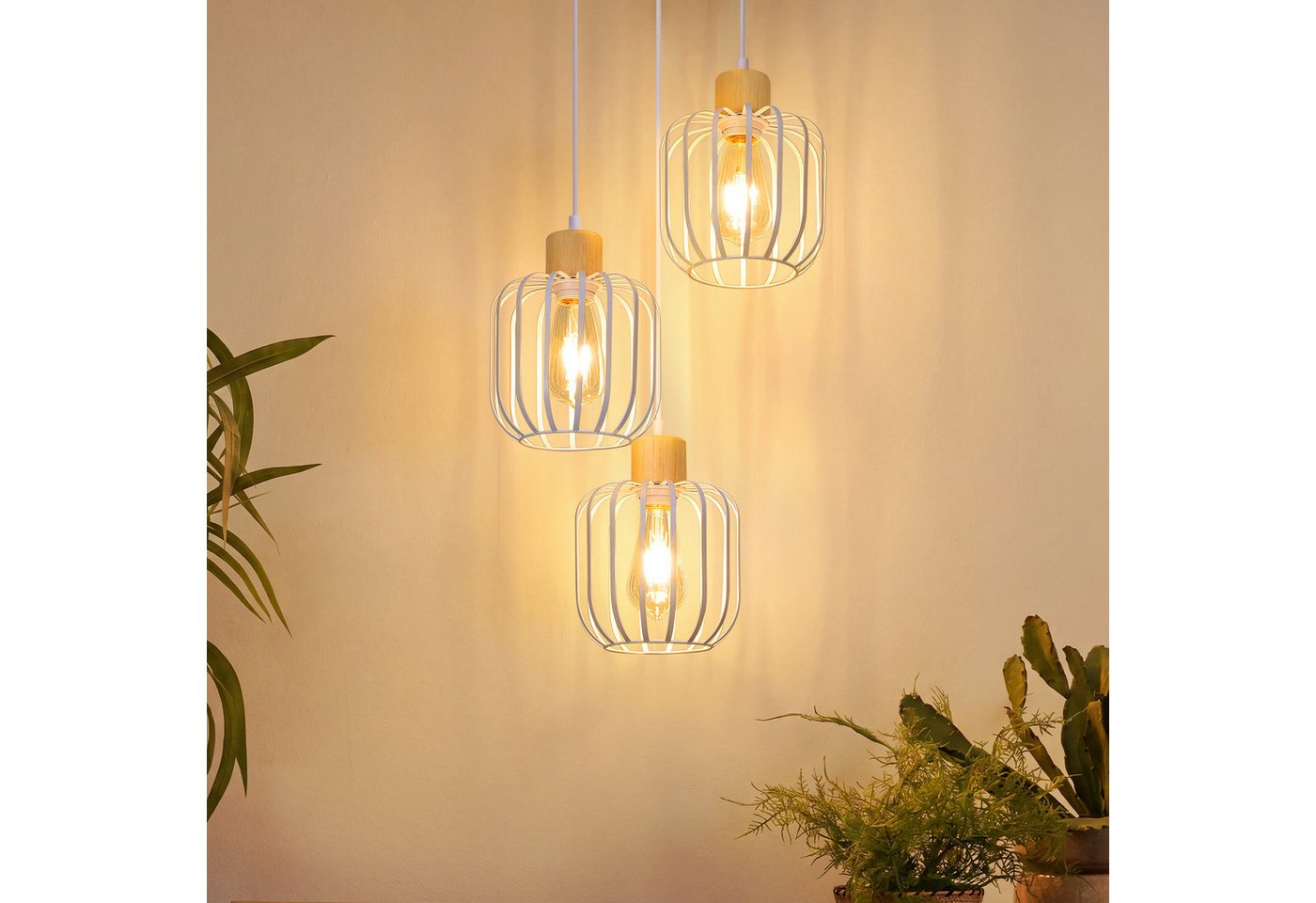 Nettlife Pendelleuchte Weiß/grau 1/3flammig Holz moderne Hängelampe E27 Fassung, ohne Leuchtmittel, für Esstisch Wohnzimmer Küche Flur Kücheninsel Bild 2