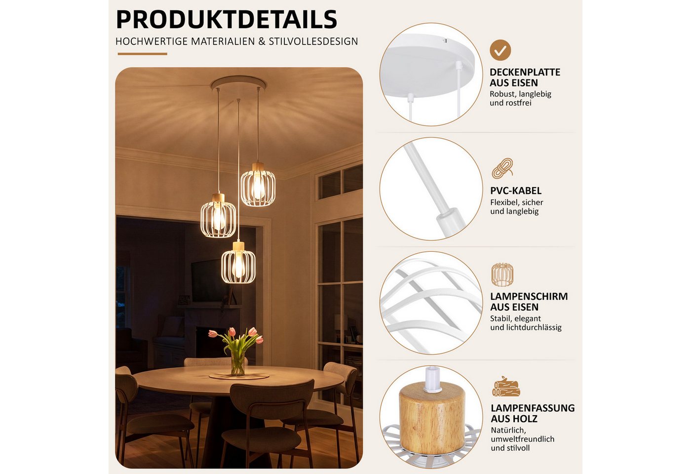 Nettlife Pendelleuchte Weiß/grau 1/3flammig Holz moderne Hängelampe E27 Fassung, ohne Leuchtmittel, für Esstisch Wohnzimmer Küche Flur Kücheninsel Bild 3