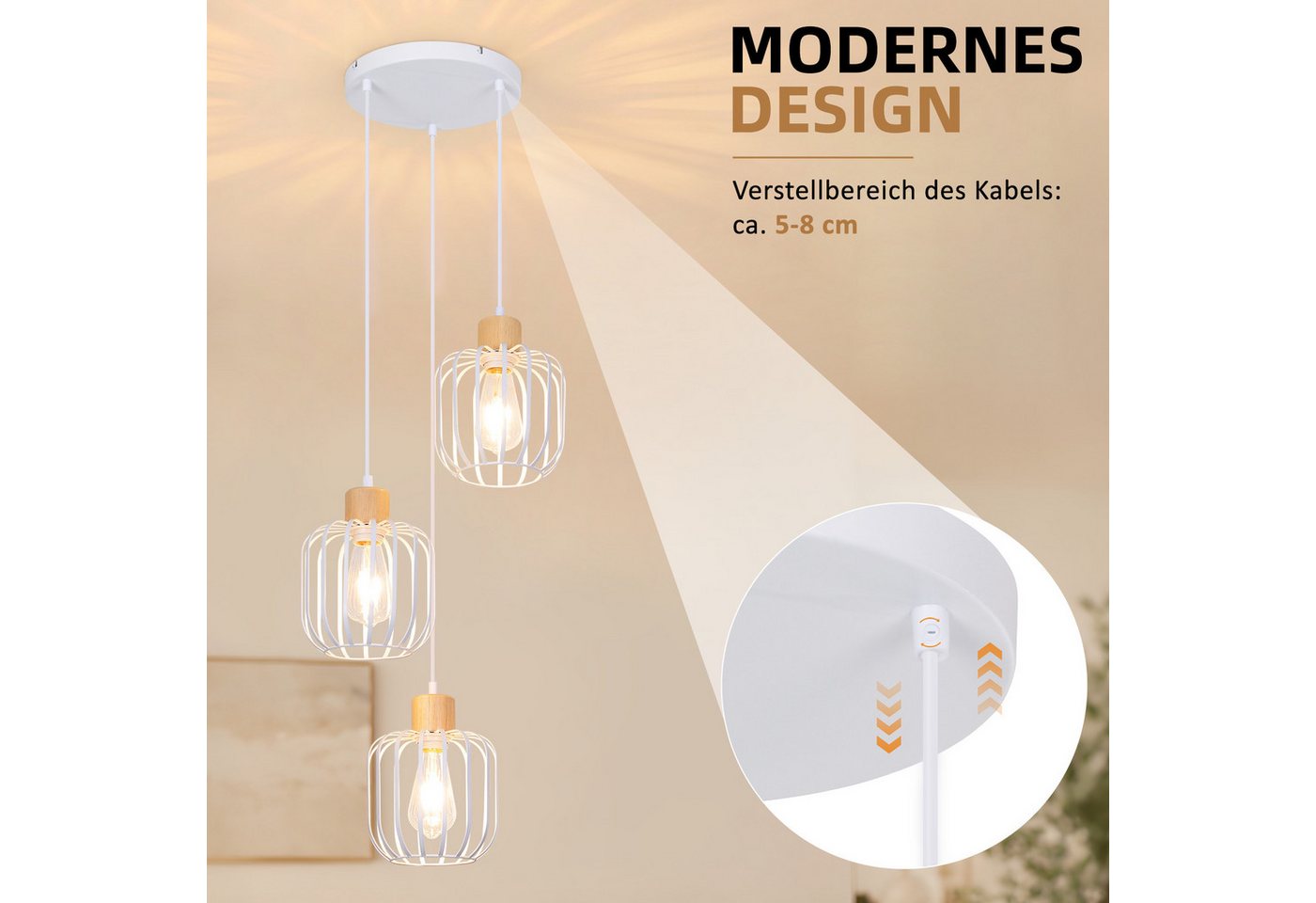 Nettlife Pendelleuchte Weiß/grau 1/3flammig Holz moderne Hängelampe E27 Fassung, ohne Leuchtmittel, für Esstisch Wohnzimmer Küche Flur Kücheninsel Bild 4