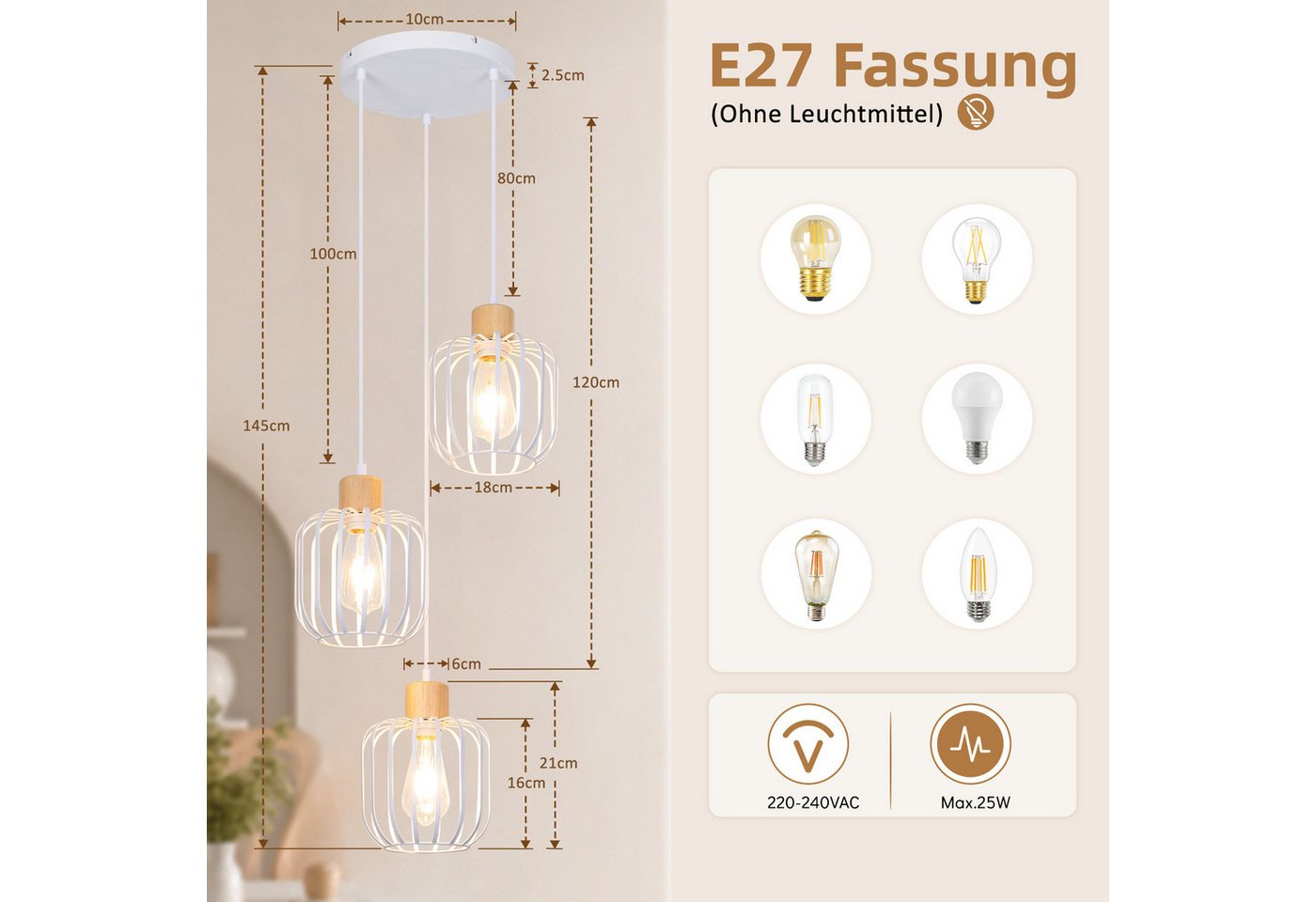 Nettlife Pendelleuchte Weiß/grau 1/3flammig Holz moderne Hängelampe E27 Fassung, ohne Leuchtmittel, für Esstisch Wohnzimmer Küche Flur Kücheninsel Bild 5
