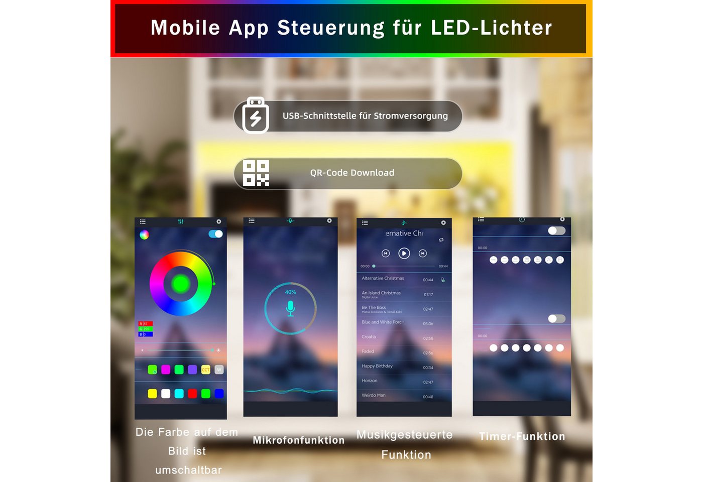 TavilaEcon Küchenbuffet Hochbuffetschrank mit App-gesteuerter RGB-LED & 4 Schubladen (1-St) mit verstellbare Einlegeböden, Weiß Bild 3