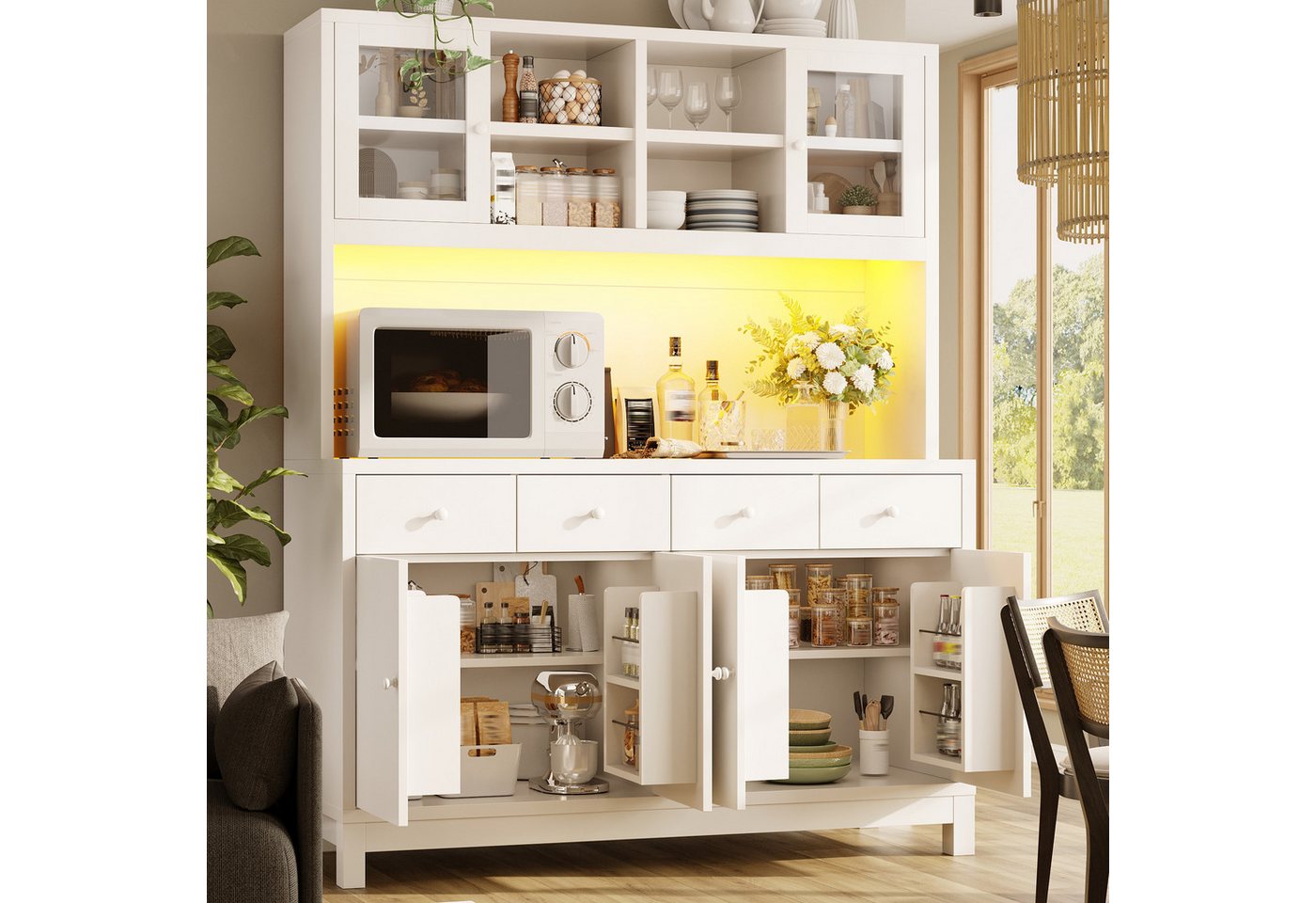 TavilaEcon Küchenbuffet Hochbuffetschrank mit App-gesteuerter RGB-LED & 4 Schubladen (1-St) mit verstellbare Einlegeböden, Weiß Bild 4