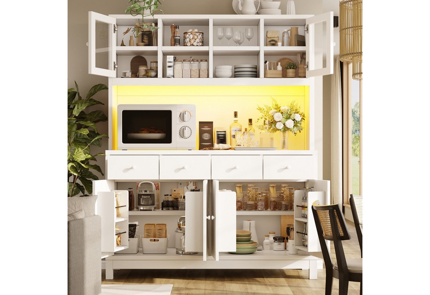 TavilaEcon Küchenbuffet Hochbuffetschrank mit App-gesteuerter RGB-LED & 4 Schubladen (1-St) mit verstellbare Einlegeböden, Weiß Bild 5