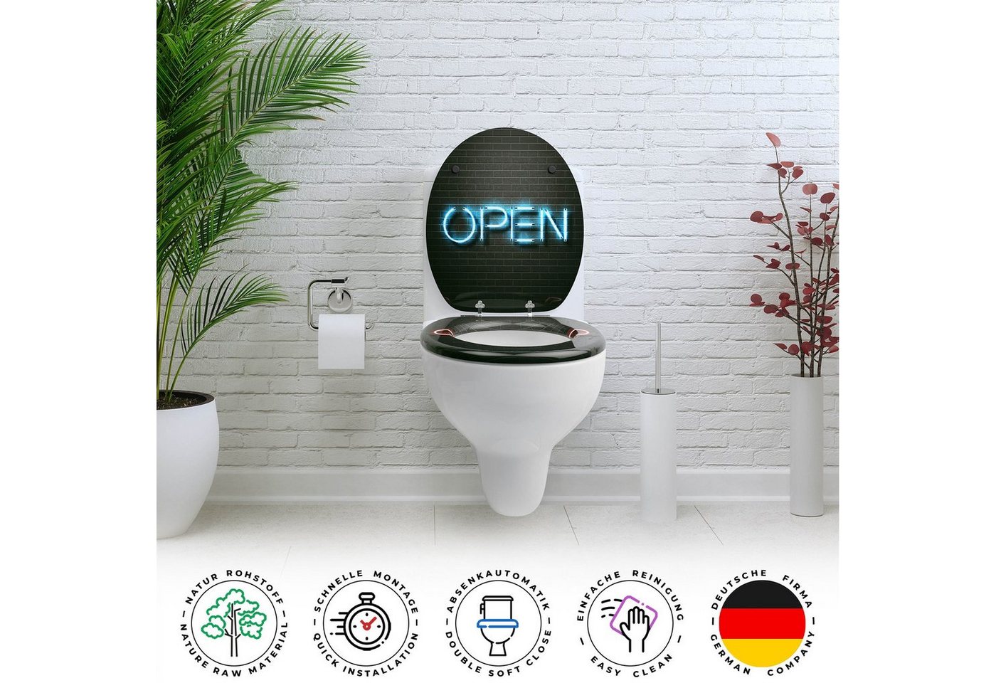 Sanfino WC-Sitz „Open-Closed“ hochwertiger Toilettendeckel mit Absenkautomatik, aus Holz, viele bunte Motive, hoher Sitzkomfort, einfache Montage Bild 5