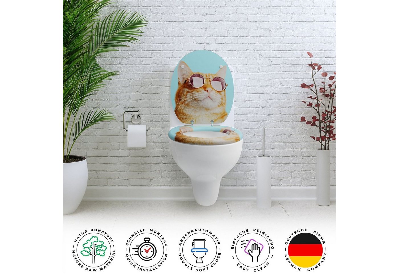 Sanfino WC-Sitz "Cool Cat“ Premium Toilettendeckel mit Absenkautomatik aus Holz, bunter WC Sitz mit Motiv, hoher Sitzkomfort, einfache Montage Bild 5