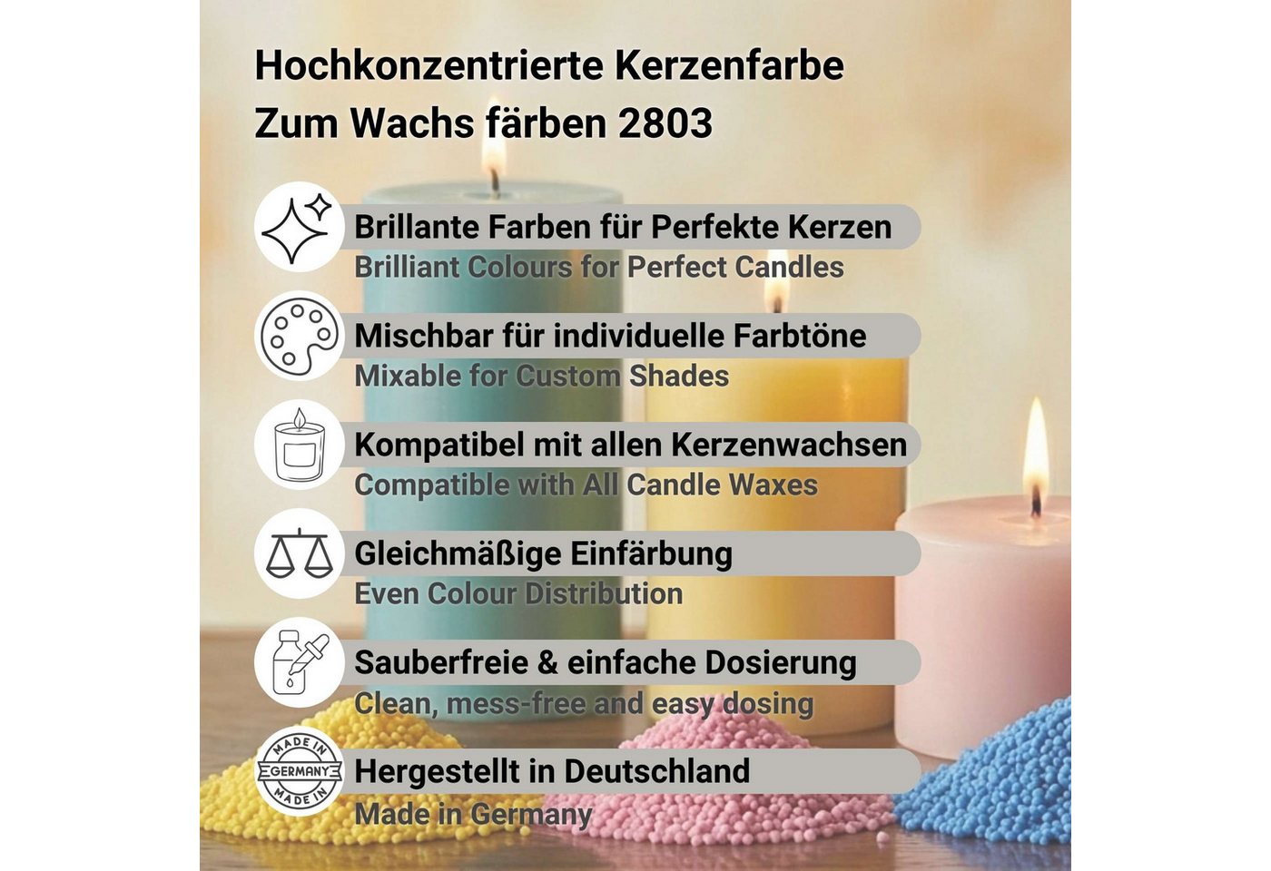 DistrEbution Kerzenmalfarbe Kerzenfarben Wachsfarbe zum Durchfärben von Kerzen Serie 2803
