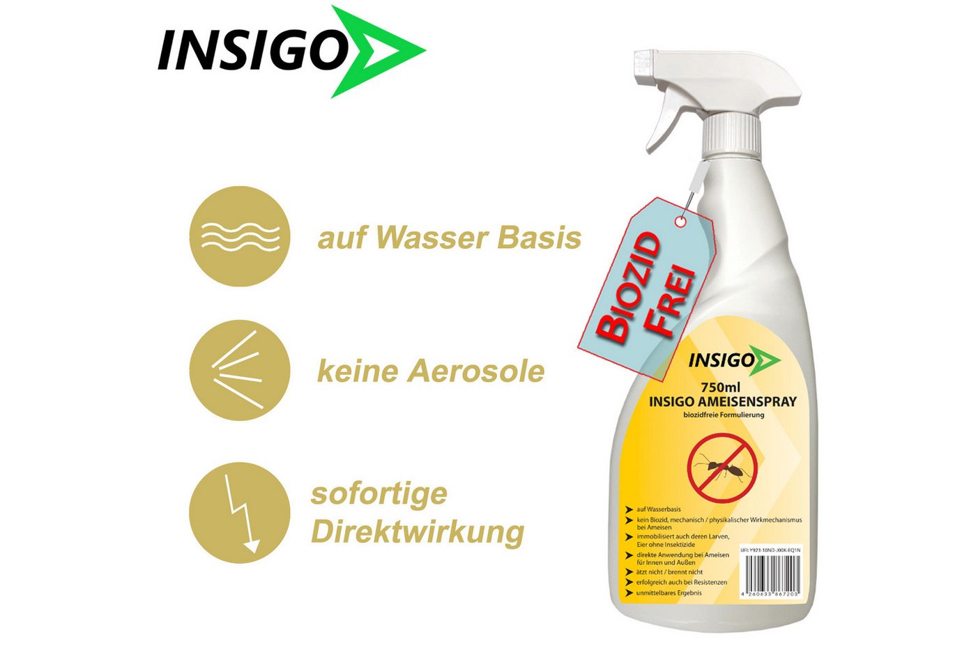 INSIGO Insektenspray Ameisen Spray gegen Ameisen, Larven & Eier, 1 l, 1000 ml, 2-St., biozidfreie Formel, auf Wasserbasis, geruchsarm, brennt / ätzt nicht Bild 2