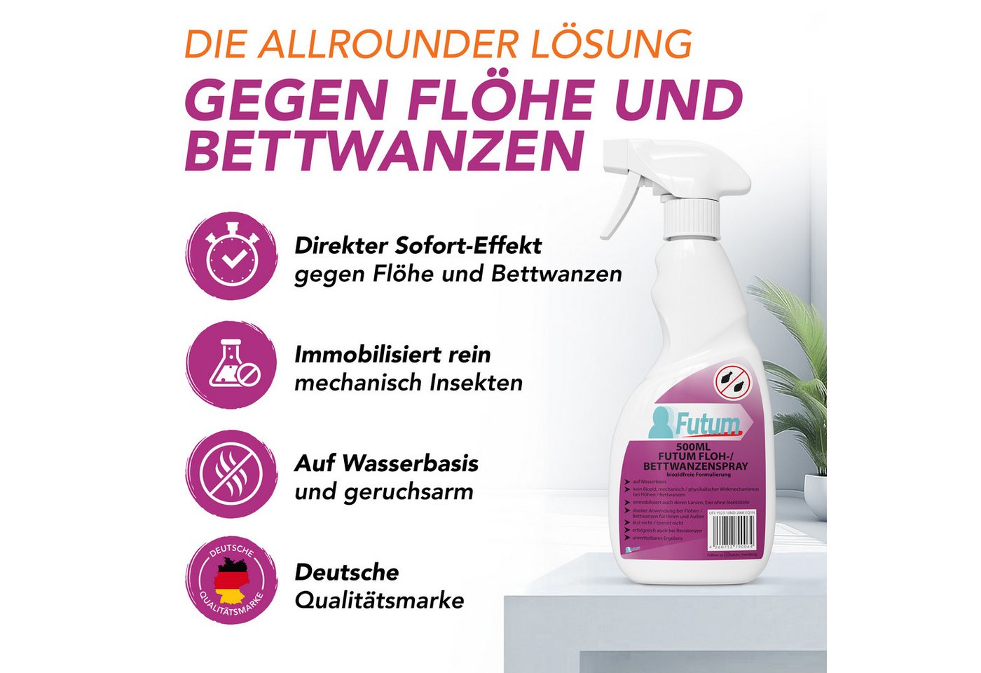 FUTUM Insektenspray Anti-Bettwanzen-Spray Floh-Mittel Ungeziefer-Spray, 3-St., biozidfreie Formulierung, auf Wasserbasis, brennt / ätzt nicht Bild 5