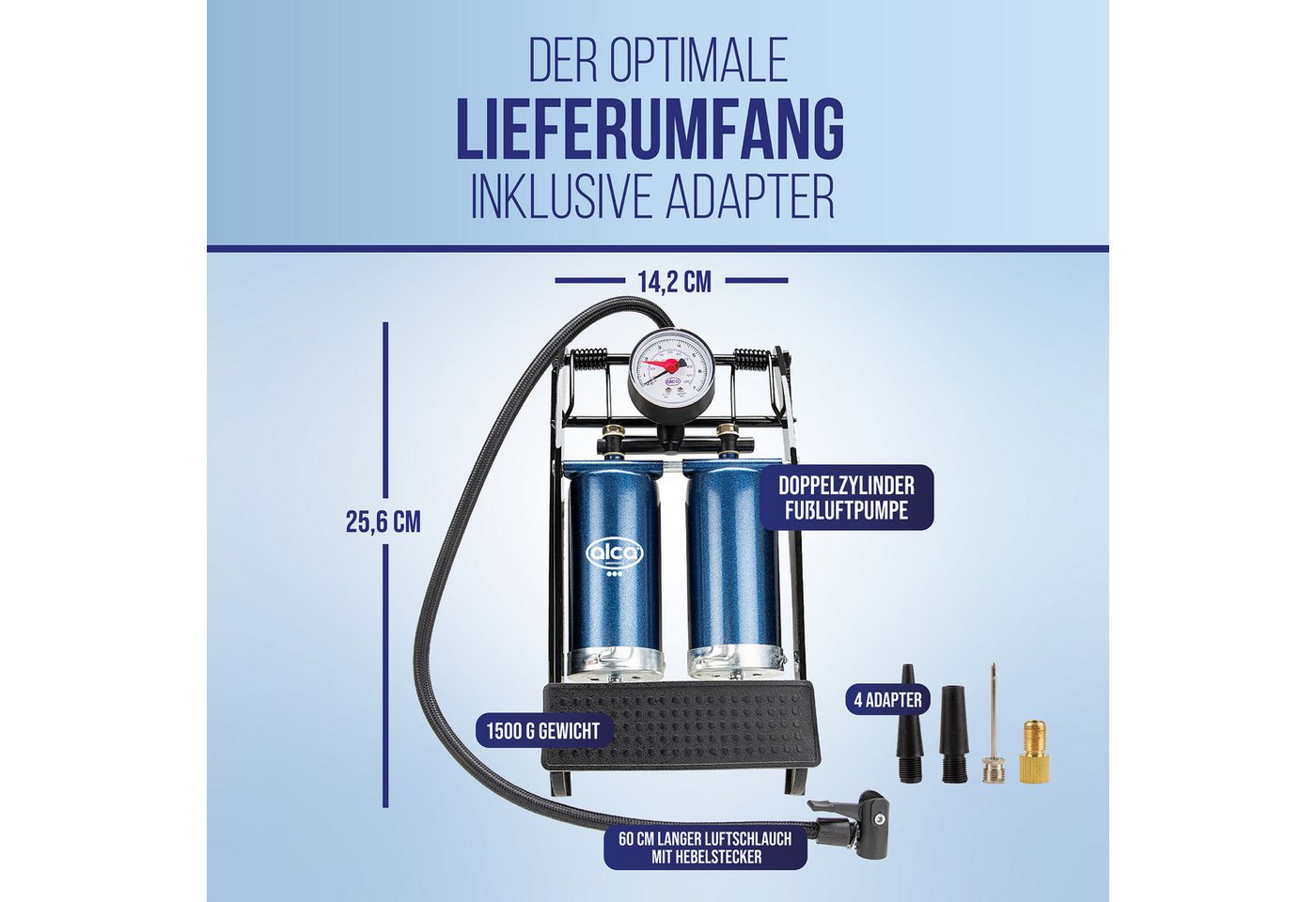 alca Luftpumpe 2-Zylinder Hochleistungs-Fußpumpe + Manometer (1-tlg)