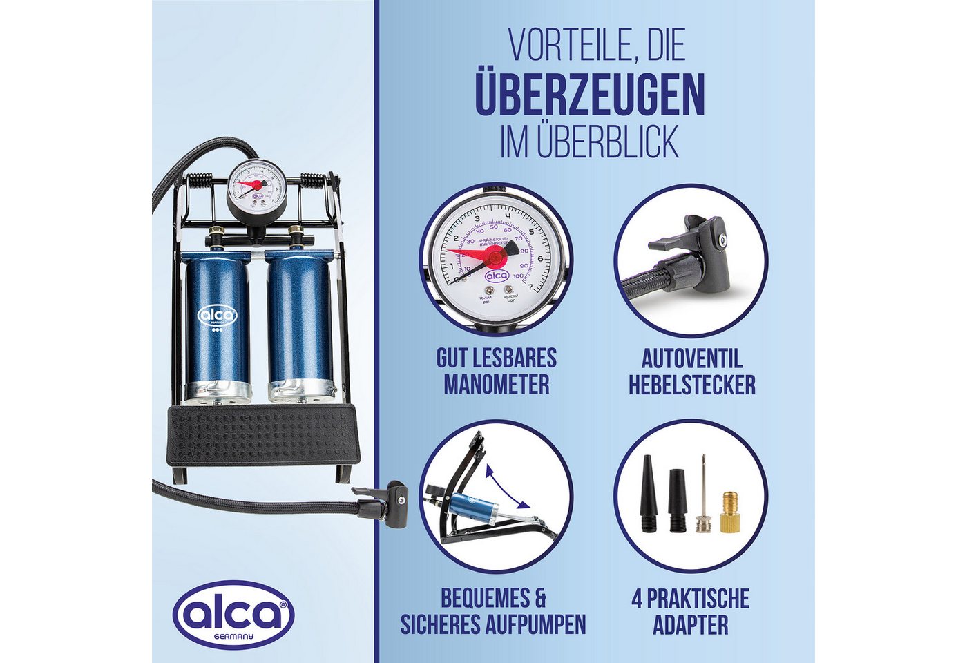alca Luftpumpe 2-Zylinder Hochleistungs-Fußpumpe + Manometer (1-tlg) Bild 2