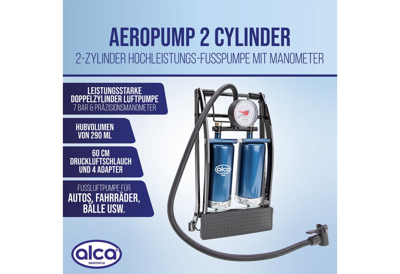 alca Luftpumpe 2-Zylinder Hochleistungs-Fußpumpe + Manometer (1-tlg) Bild 3