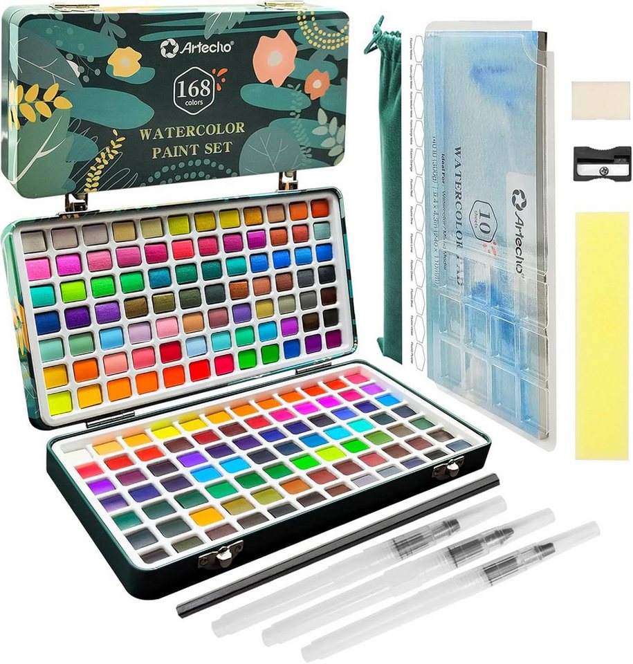 Artecho Aquarellfarbe Set – 24/50/100/128/168 Wasserfarben mit Aquarellpapieren & Pinseln, - egal ob unterwegs, Zuhause, in der Schule - für Anfänger und Profis