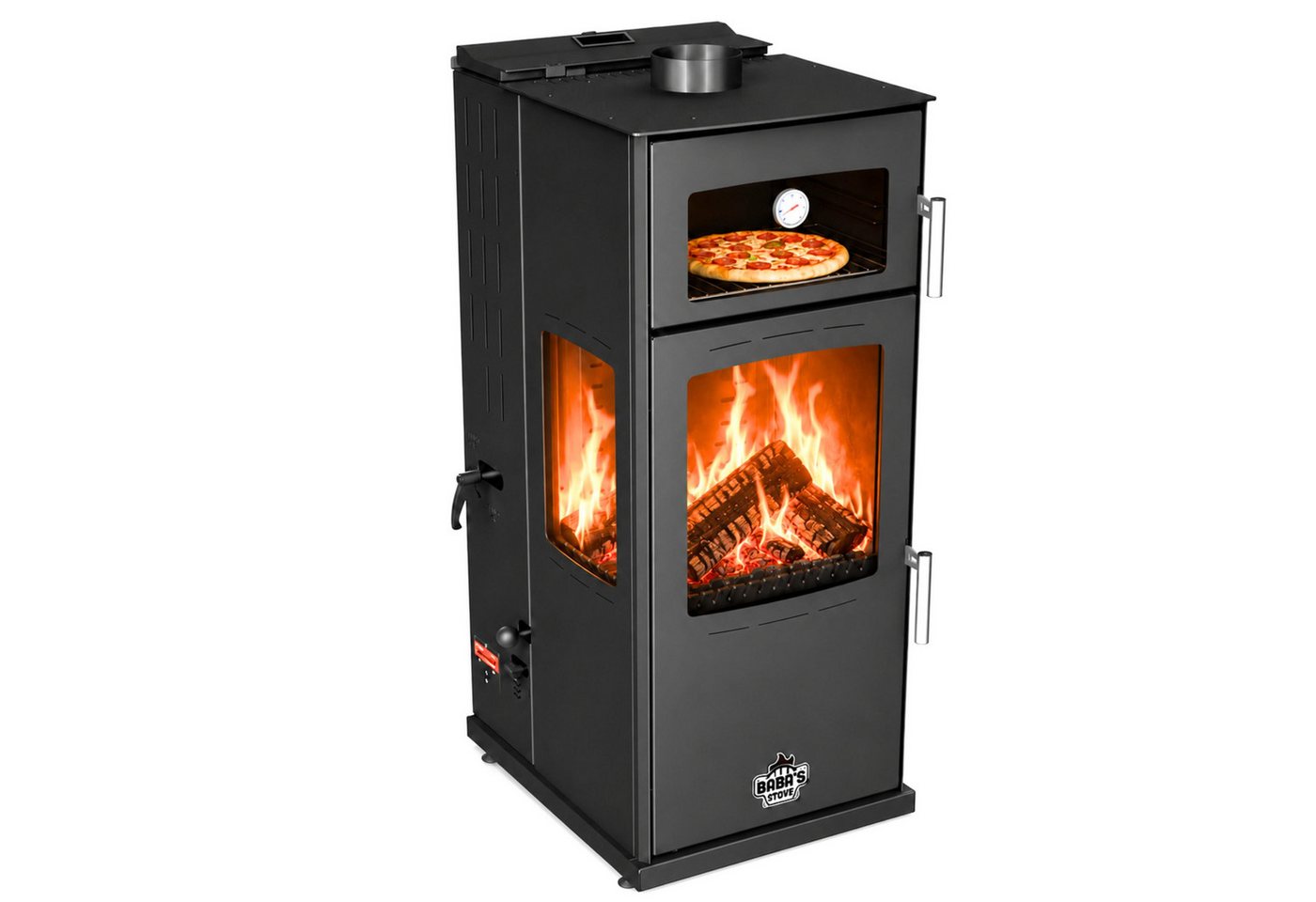 Baba's Kaminofen Gold Plus Hybridofen Pellets und Holz Kombiofen Kaminofen mit Backfach, 12 kW, Dauerbrand, Dauerbrandofen, (3-Scheiben 3 Seitig Verglast Panoramascheibe), Panorama Holzofen Holz Ofen Kamin Bild 4
