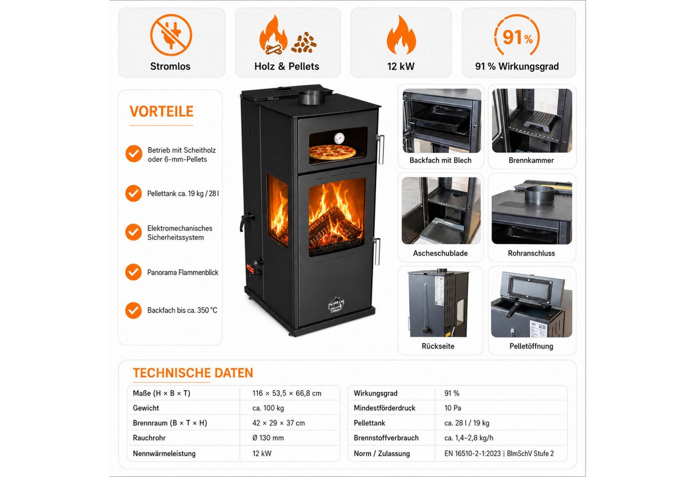 Baba's Kaminofen Gold Plus Hybridofen Pellets und Holz Kombiofen Kaminofen mit Backfach, 12 kW, Dauerbrand, Dauerbrandofen, (3-Scheiben 3 Seitig Verglast Panoramascheibe), Panorama Holzofen Holz Ofen Kamin Bild 5