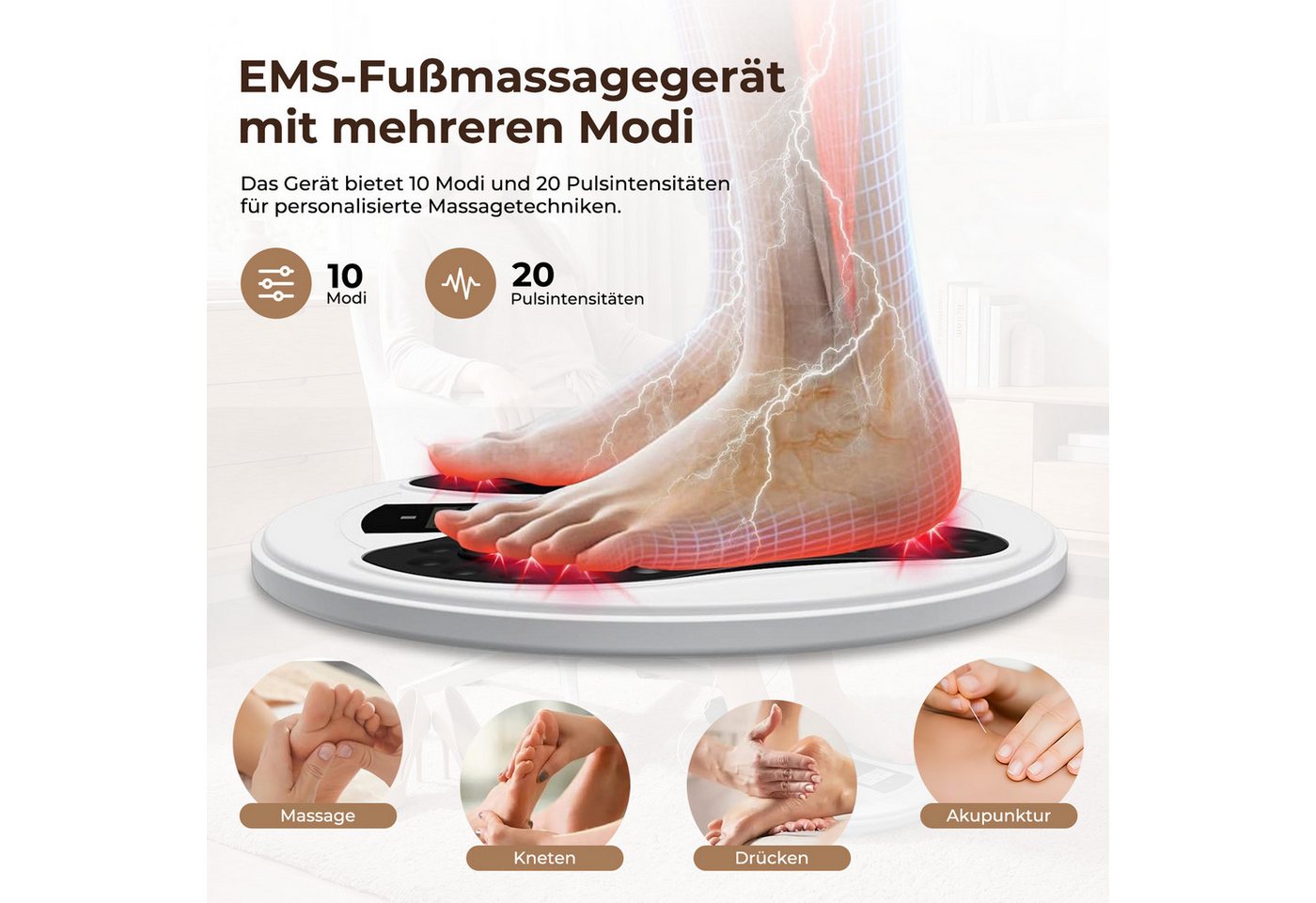 AKKEE EMS-Fußmassage-Gerät Medic Durchblutungsstimulator für Füße & Beine 500/1200mah, (Inkl. 4 TENS-Pads), für Entspannung, Muskelkräftigung und Schmerzbehandlung Bild 2