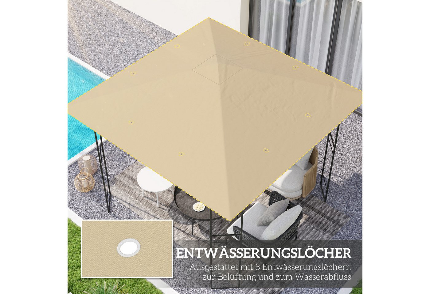 Outsunny Pavillon-Ersatzdach Ersatzdach für Pavillon 3x3 m UPF30+ Gartenpavillon Ersatzteile, 370 g/m², 298 x 298 cm (wasserabweisend Pavillondach, Ersatzbezug), aus Oxford-Stoff, 370 g,m², Beige Bild 3