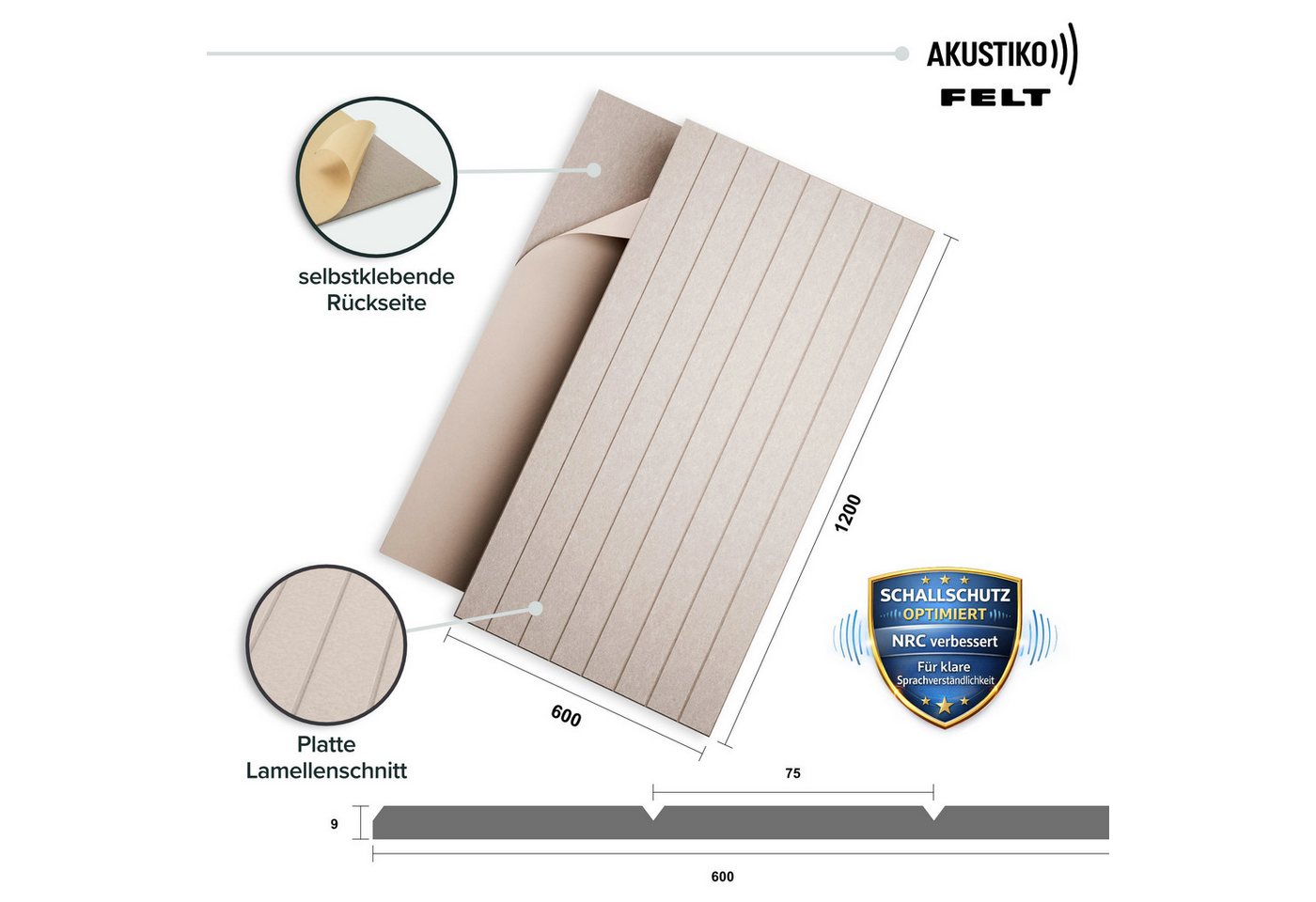 AKUSTIKO Schallschutzpaneel, (Selbstklebend 120x60cm - 2 Stück Beige Akustik Wandpaneele Schallschutz & Raumakustik Panels Filz 9mm Hexim Decken- & Wandverkleidung Schall Platte (1.44m)