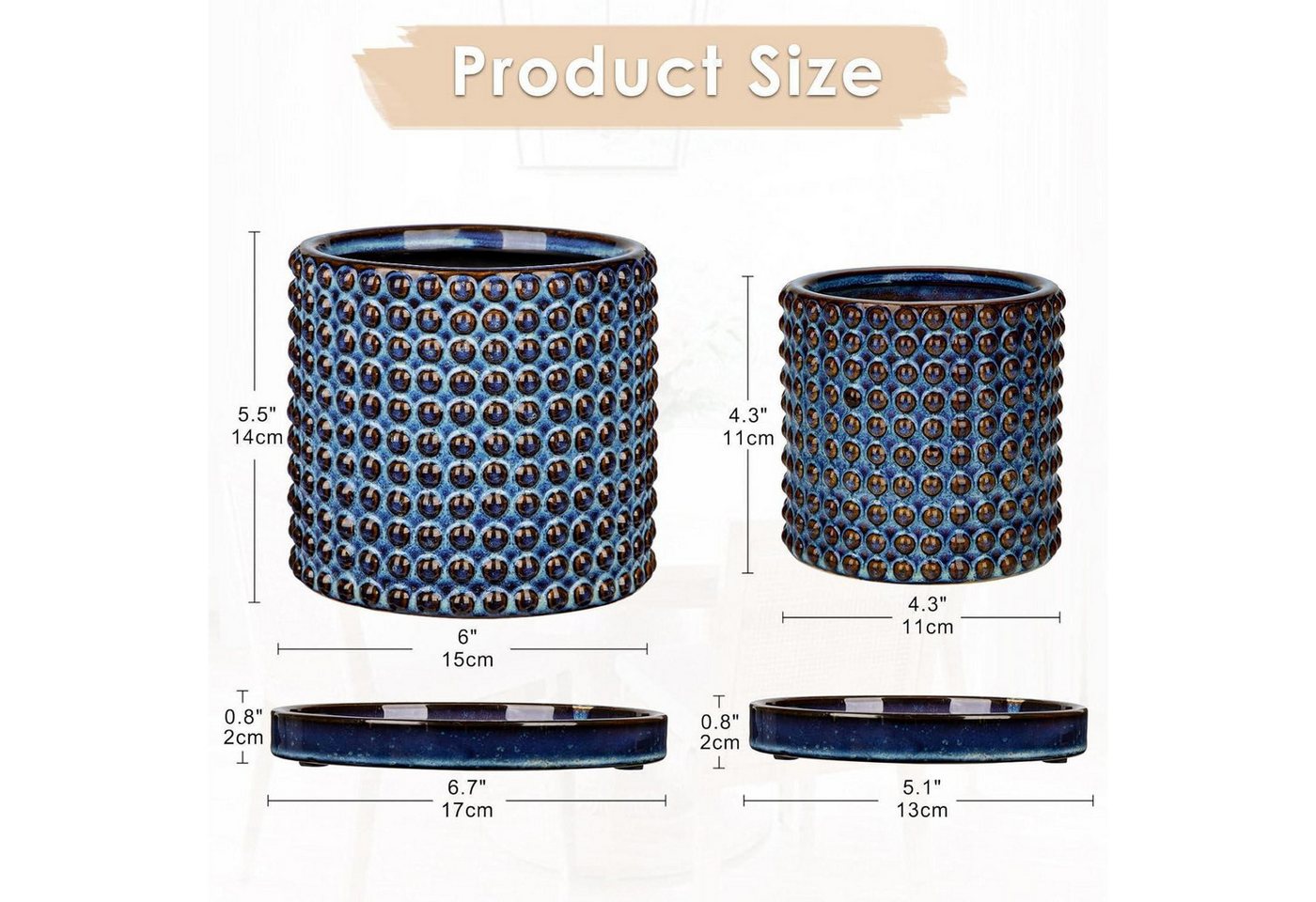 LuxusKollektion Blumentopf Blumentopf Keramik 2er 15cm 11cm Abflussloch Perlen Blau Blau-2