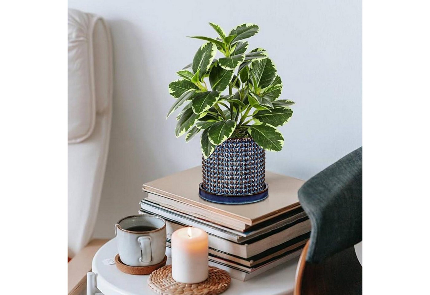LuxusKollektion Blumentopf Blumentopf Keramik 2er 15cm 11cm Abflussloch Perlen Blau Blau-2 Bild 3