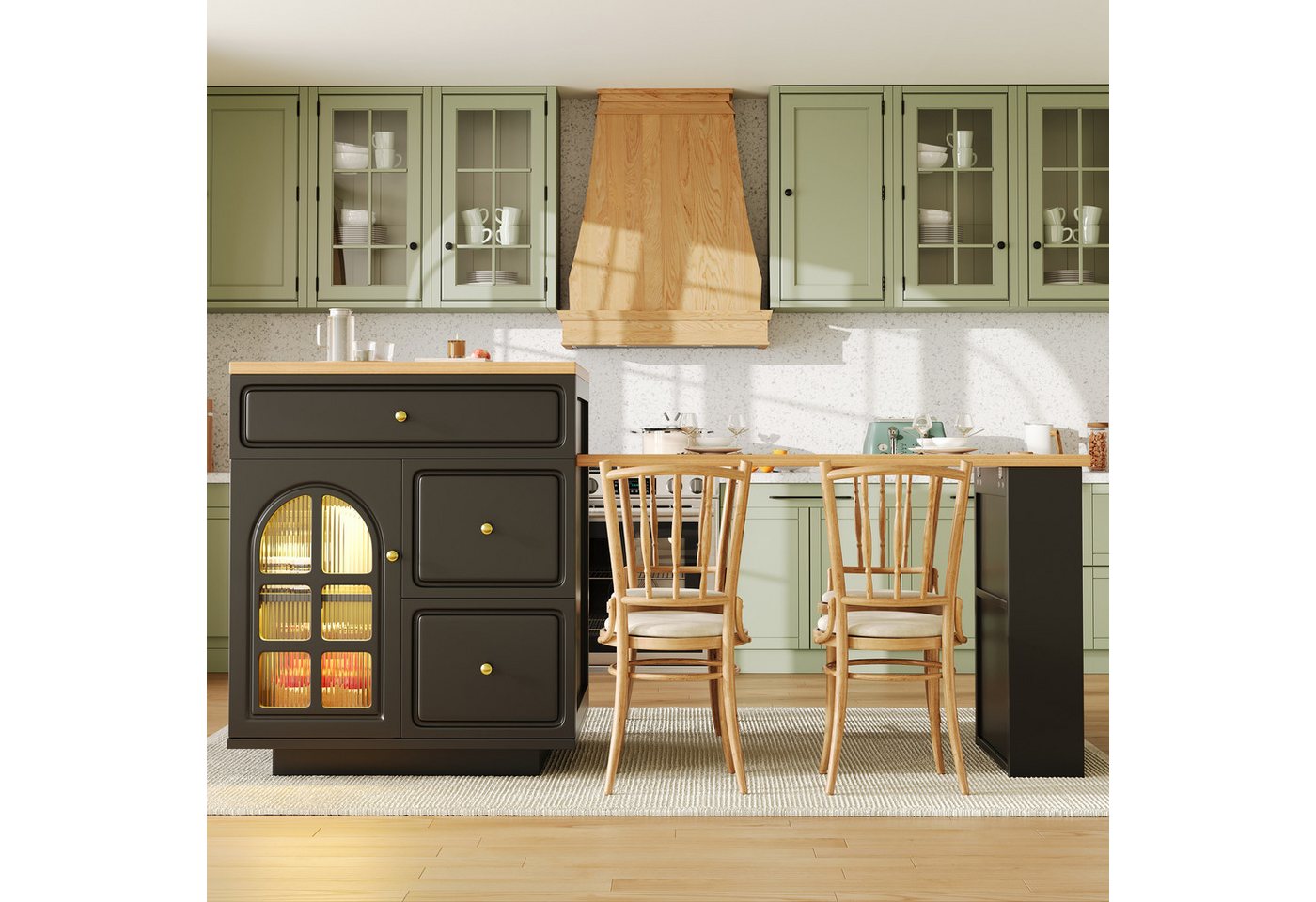Flieks Kücheninsel mit ausziehbarer Esstisch, LED- Beleuchtung, 4 Schubladen & Glastüren, (122,5-195,5cm Länge verstellbar), Küchenschrank mit erweiterbarer Tisch, Vielseitige Thekeninsel schwarz Bild 2