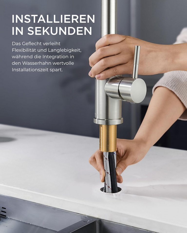 RUHE Küchenarmatur Wasserhahn Küche Hochdruck Küchenarmatur Herausziehbarer Brause 2 Modi (Armaturenset, 1-St., Set inklusive Küchenarmatur ausziehbarer Brause und Gegengewicht) Ausziehbare Edelstahl-Brause 360° schwenkbar G 3/8 Hochdruck Bild 2