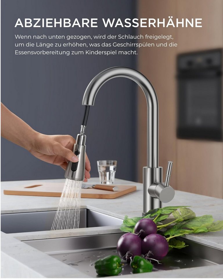 RUHE Küchenarmatur Wasserhahn Küche Hochdruck Küchenarmatur Herausziehbarer Brause 2 Modi (Armaturenset, 1-St., Set inklusive Küchenarmatur ausziehbarer Brause und Gegengewicht) Ausziehbare Edelstahl-Brause 360° schwenkbar G 3/8 Hochdruck Bild 4