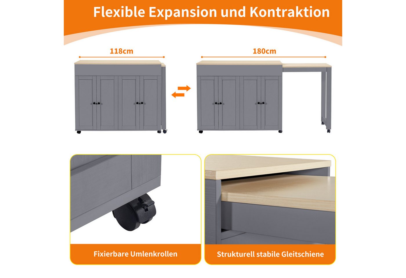 i@home Kücheninsel Ausziehbarer Bartisch, (118–180cm, mit elegantem konkavem Türdesign), Platzsparende bewegliche Kücheninsel mit ausziehbarer Arbeitsfläche