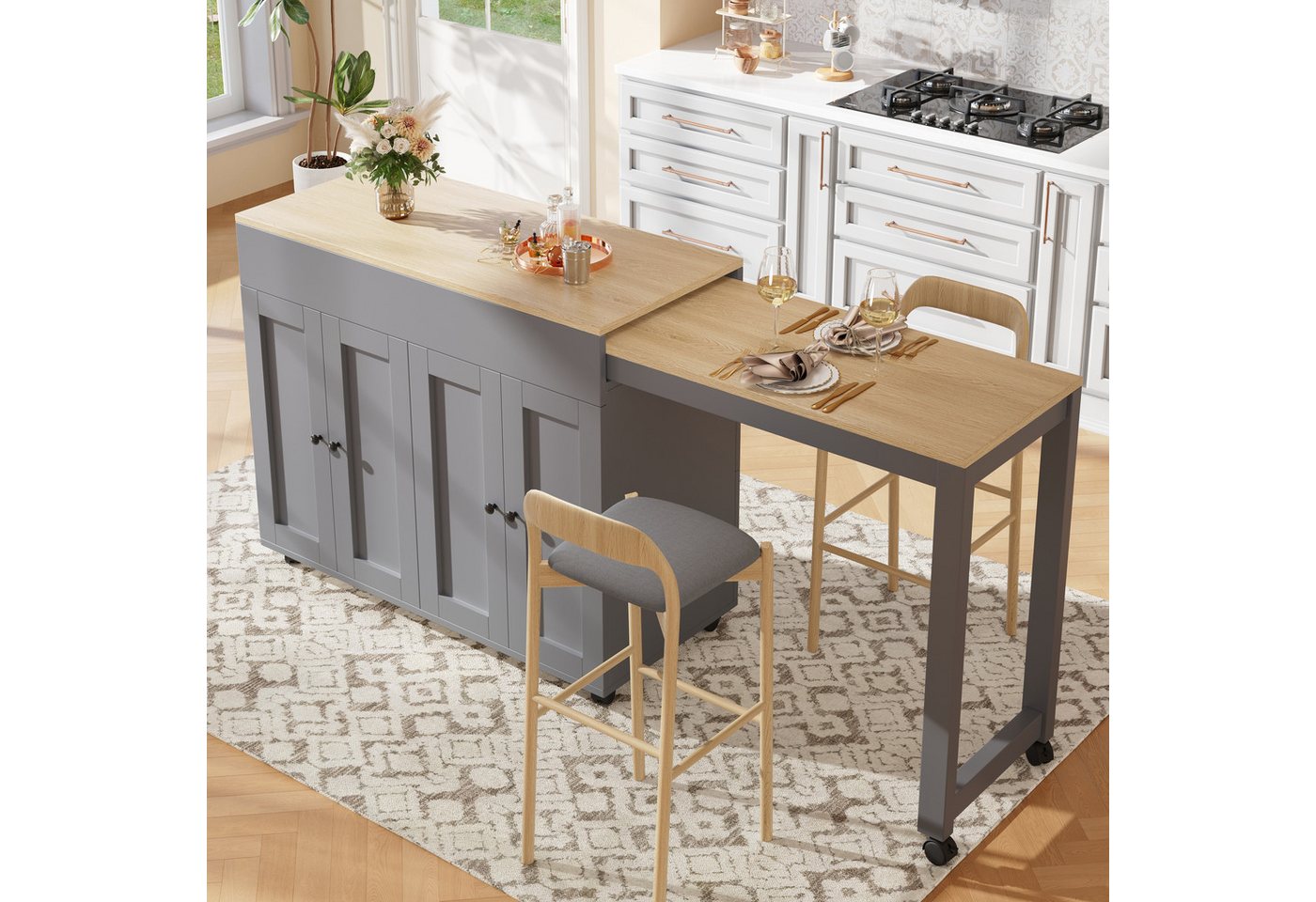 i@home Kücheninsel Ausziehbarer Bartisch, (118–180cm, mit elegantem konkavem Türdesign), Platzsparende bewegliche Kücheninsel mit ausziehbarer Arbeitsfläche Bild 2