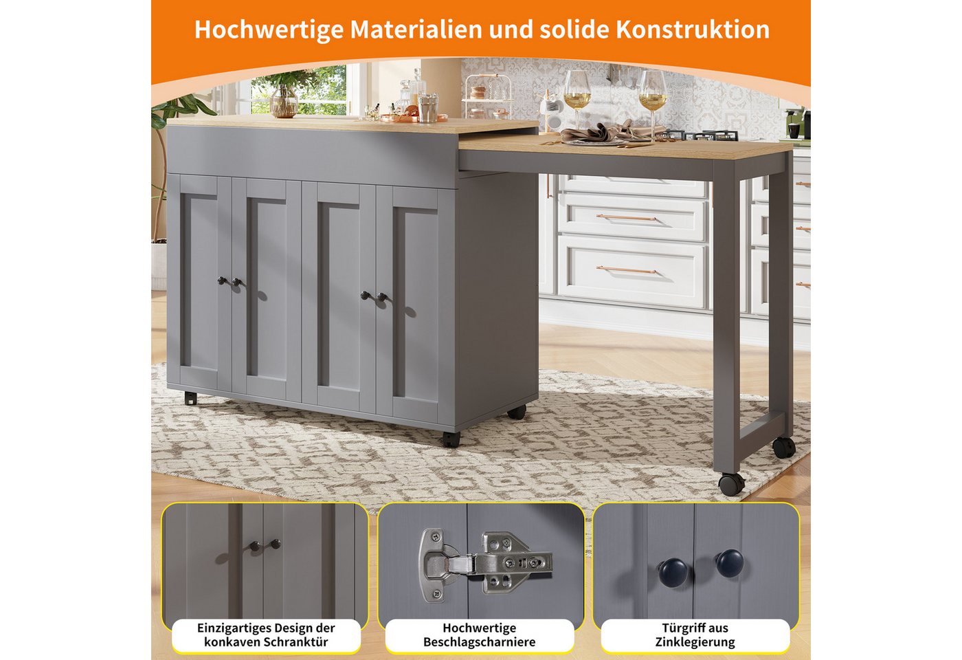 i@home Kücheninsel Ausziehbarer Bartisch, (118–180cm, mit elegantem konkavem Türdesign), Platzsparende bewegliche Kücheninsel mit ausziehbarer Arbeitsfläche Bild 4