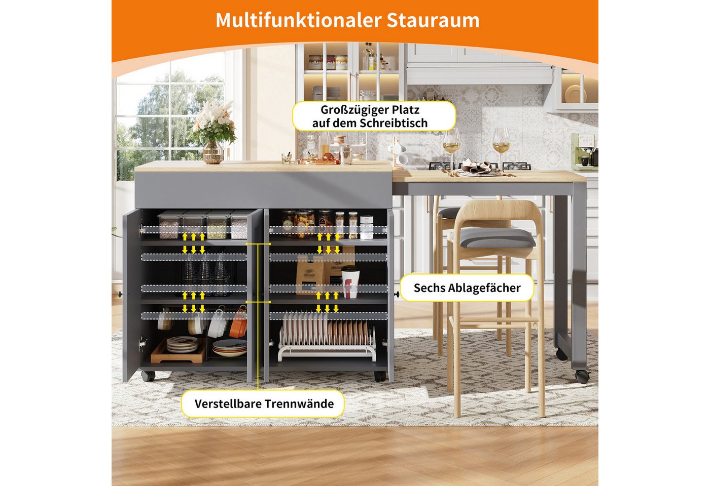 i@home Kücheninsel Ausziehbarer Bartisch, (118–180cm, mit elegantem konkavem Türdesign), Platzsparende bewegliche Kücheninsel mit ausziehbarer Arbeitsfläche Bild 5