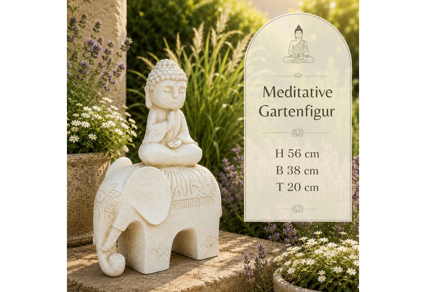 INtrenDU Gartenfigur Buddha auf Elefant 56 cm groß – Zen-Deko, Frostsicher aus Magnesia, edle Steinoptik