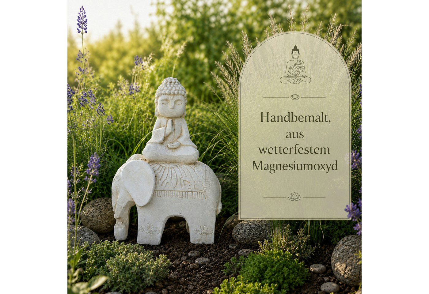 INtrenDU Gartenfigur Buddha auf Elefant 56 cm groß – Zen-Deko, Frostsicher aus Magnesia, edle Steinoptik Bild 2