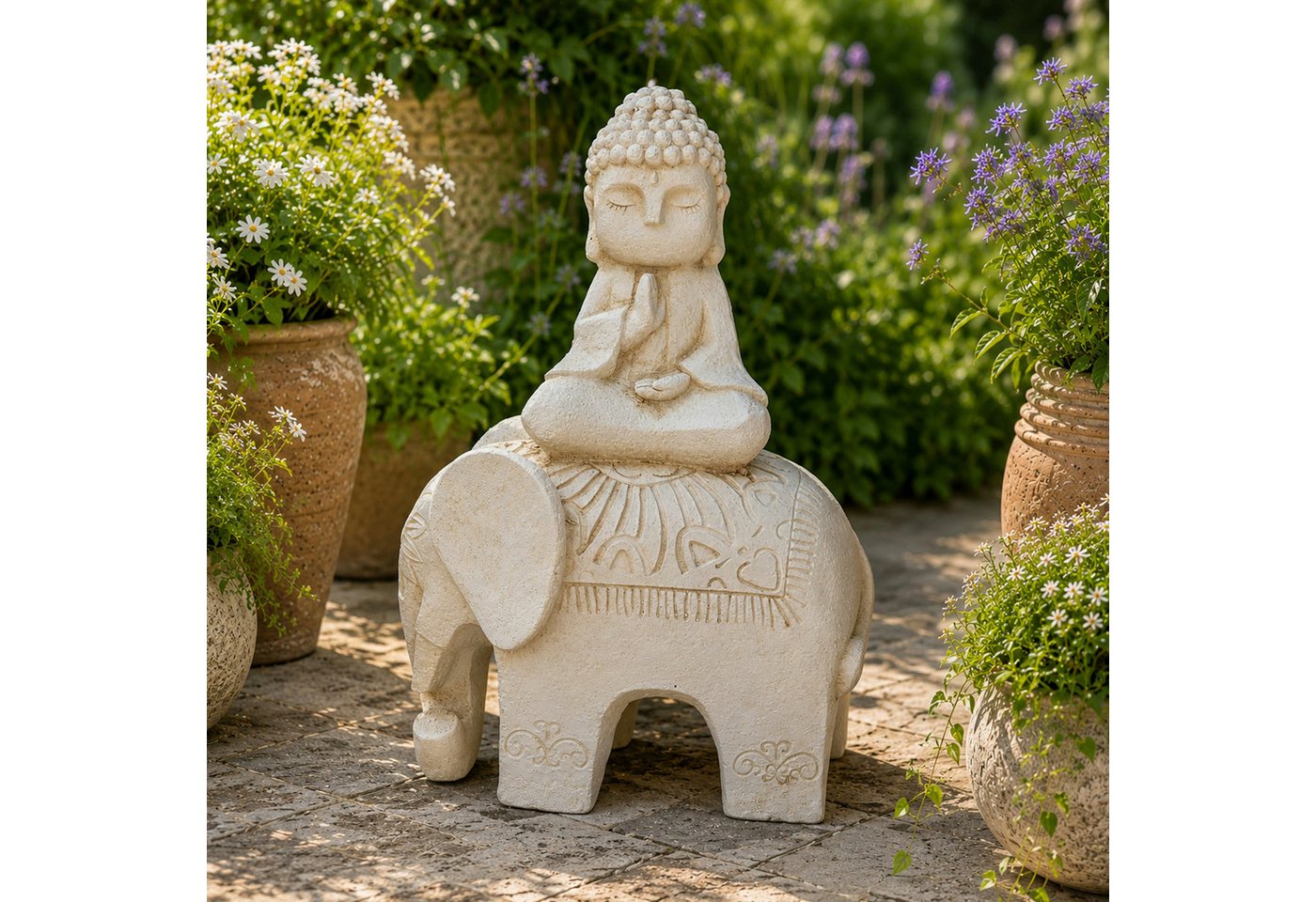 INtrenDU Gartenfigur Buddha auf Elefant 56 cm groß – Zen-Deko, Frostsicher aus Magnesia, edle Steinoptik Bild 3