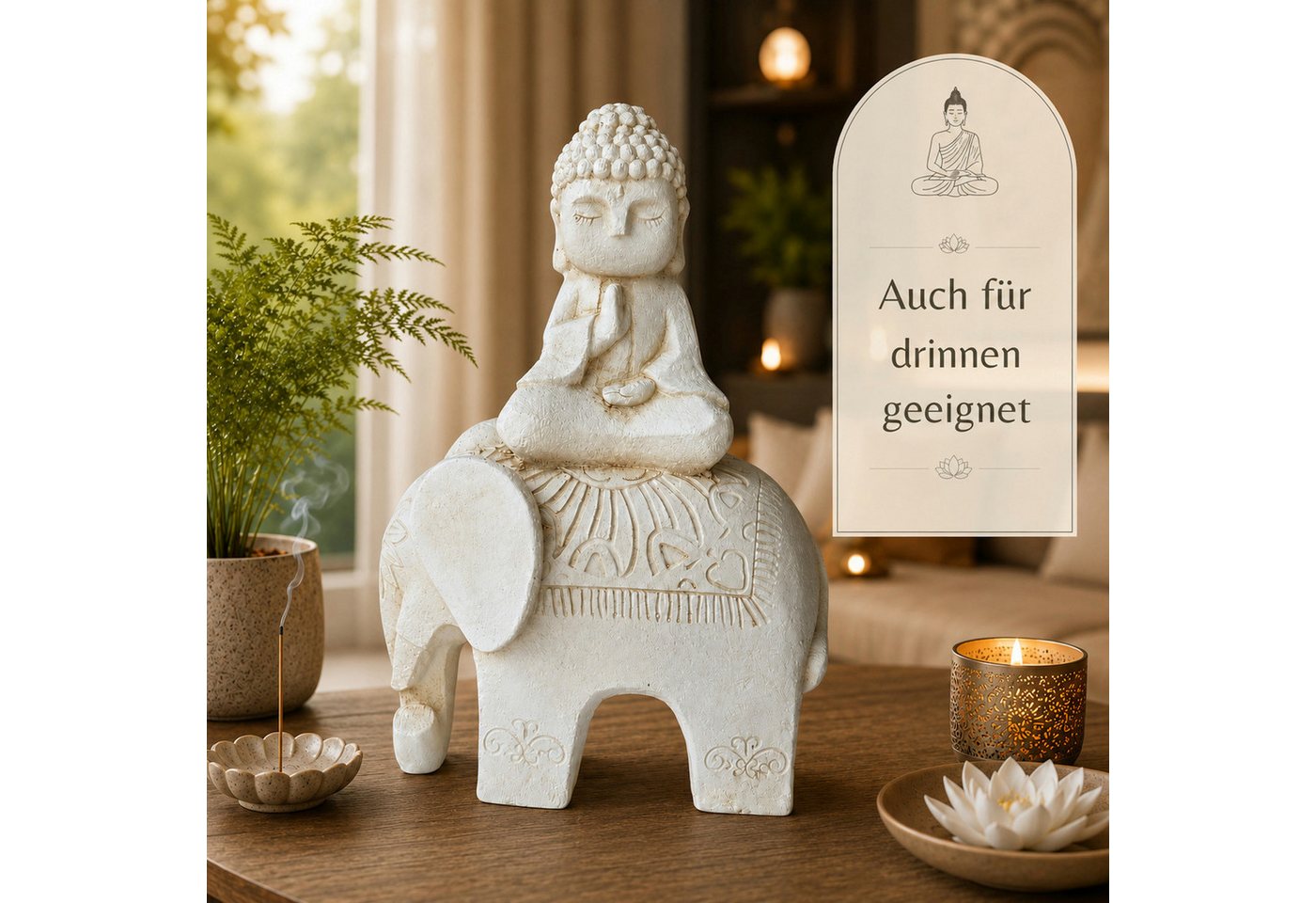 INtrenDU Gartenfigur Buddha auf Elefant 56 cm groß – Zen-Deko, Frostsicher aus Magnesia, edle Steinoptik Bild 4