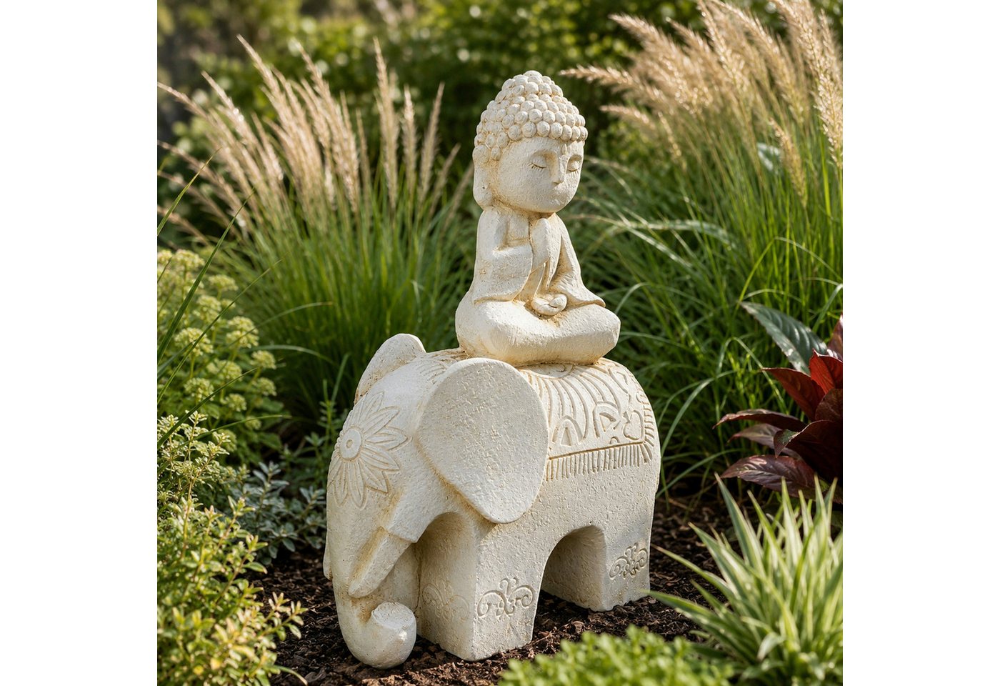 INtrenDU Gartenfigur Buddha auf Elefant 56 cm groß – Zen-Deko, Frostsicher aus Magnesia, edle Steinoptik Bild 5