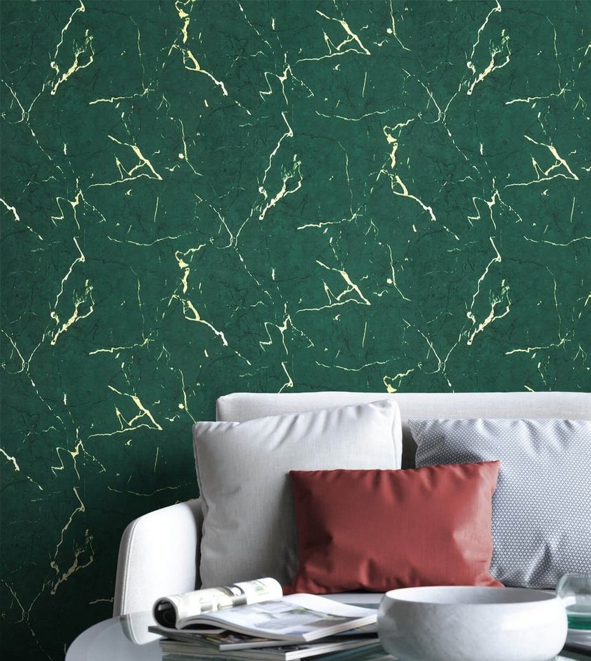 Newroom Vliestapete Kayla Grün Tapete Marmortapete Glänzend, Grün Tapete Glamour Glänzend - Marmortapete Marmoroptik Gold Edel Modern Marmor für Wohnzimmer Schlafzimmer Küche, Marmoroptik Bild 2