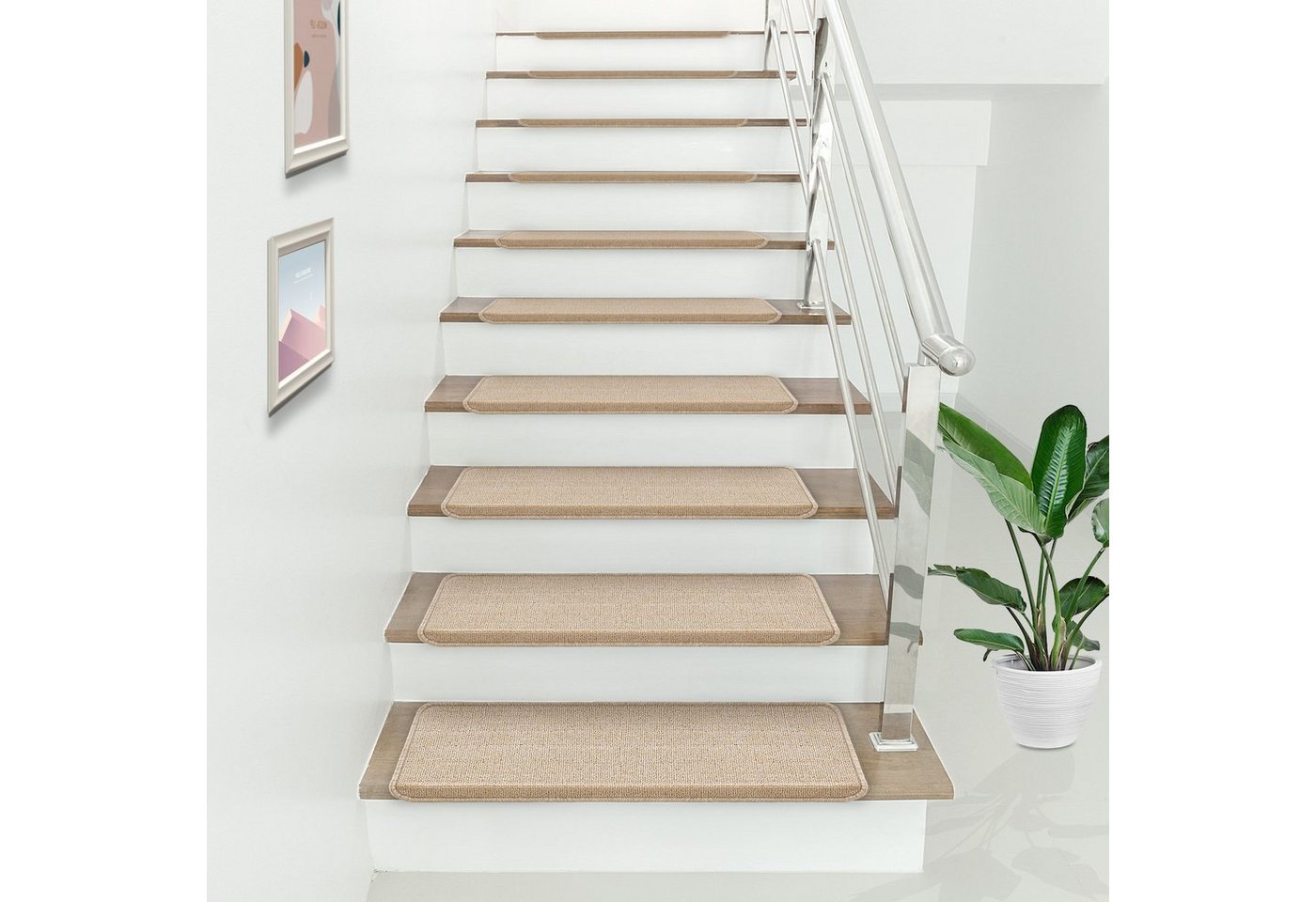 en.casa Stufenmatte, rechteckig, 15er Set Treppenmatten rechteckig 65x24cm selbstklebend Beige Bild 3