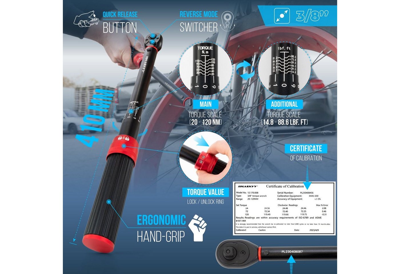 HASKYY Drehmomentschlüssel Drehmomentschlüssel 3/8" 20-120Nm KFZ Motorrad Quad Drehmoment Ratsche Bild 4