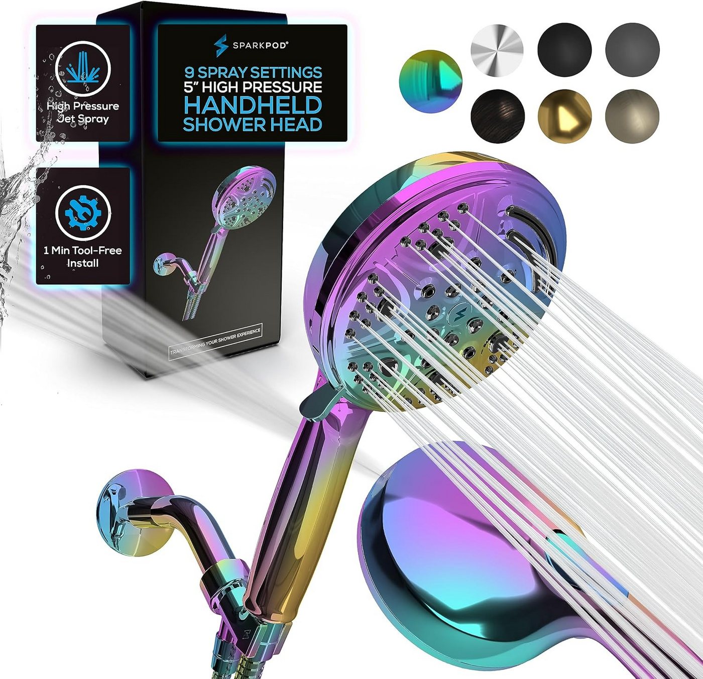 sparkpod Duschbrause Handbrause Duschkopf 9 Modi, flexibel. mit Schlauch, (Premium Handbrause-Duschkopf-Set., Duschkopf, 180cm Anti-Burst-Edelstahl-Brauseschlauch,uvm), Premium rostfreier ABS-Kunststoff.