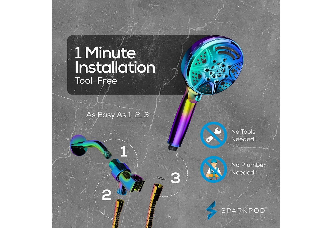 sparkpod Duschbrause Handbrause Duschkopf 9 Modi, flexibel. mit Schlauch, (Premium Handbrause-Duschkopf-Set., Duschkopf, 180cm Anti-Burst-Edelstahl-Brauseschlauch,uvm), Premium rostfreier ABS-Kunststoff. Bild 4