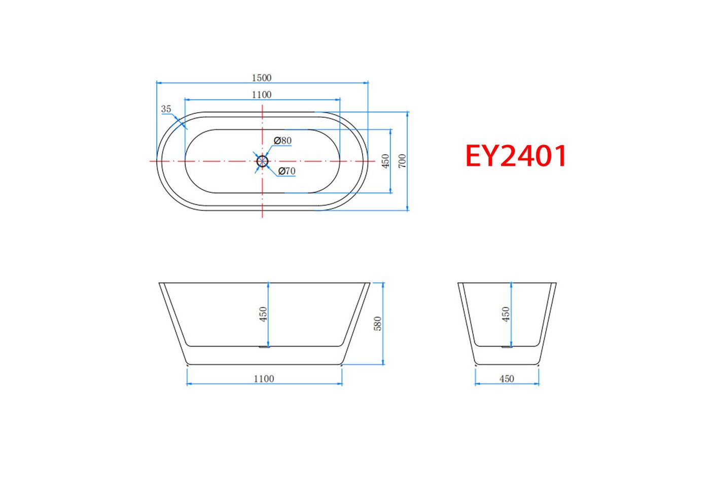 duschspa Badewanne Oval Freistehende Badewanne, weiß, Acrylbadewanne 150x80, (Set) Bild 2