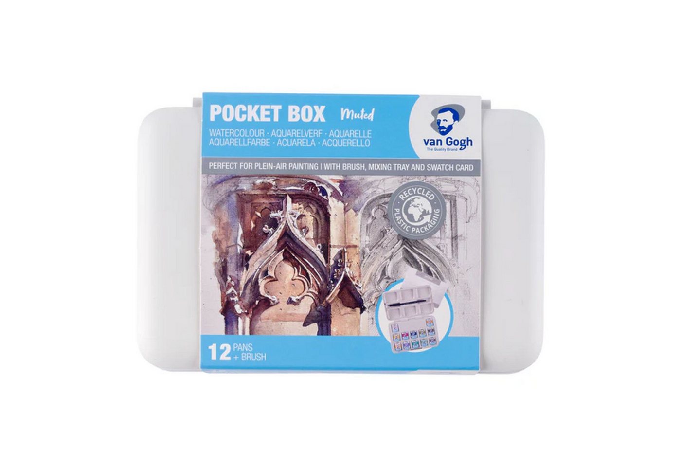 van Gogh Aquarellfarbe Pocket Box Aquarellfarbkasten mit 12 Farben in halbe Näpfchen, Muted Colours - Gedeckte Farben