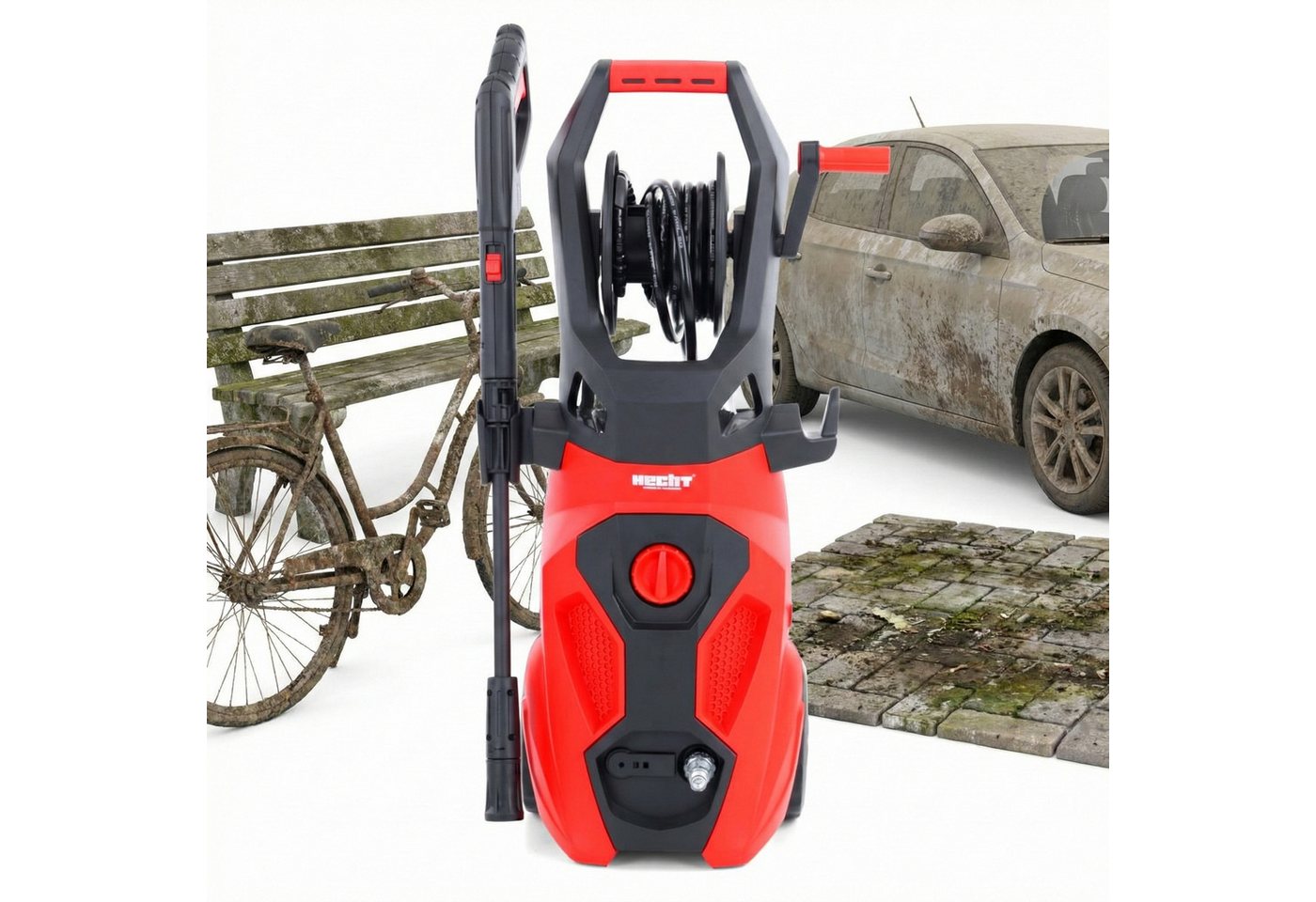 Hecht Hochdruckreiniger elektrisch mit Schaumdüse, 170bar, 2200W, 6,5 l/min, Druck max: 170 bar, Fördermenge max: 450 l/h, Reingungsmitteltank, 450 l/h, integrierte Schlauchtrommel 5m Schlauch Bild 3