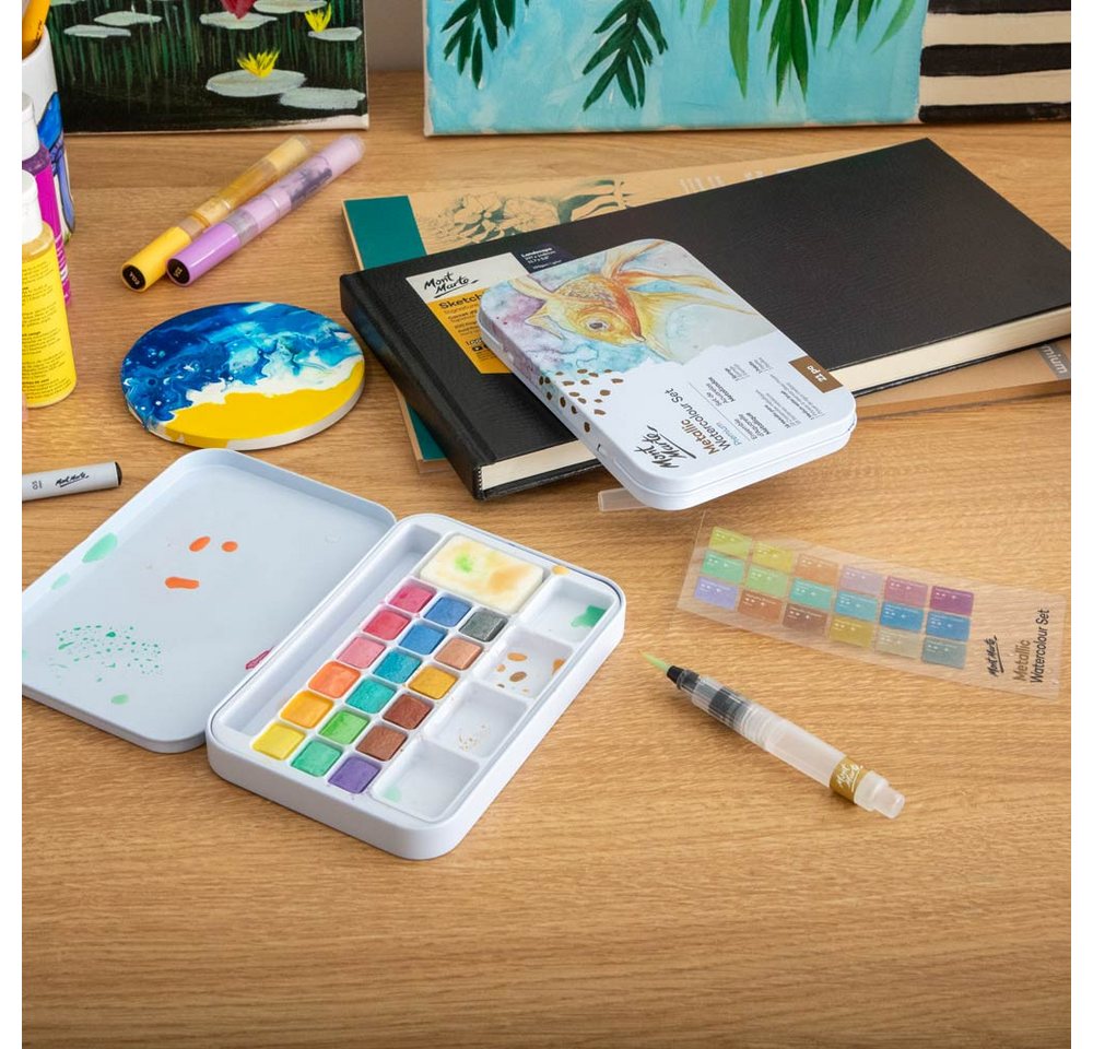 Mont Marte Aquarellfarbe Set 18 Metallic Farben – Extrem schimmernd auf hellem & dunklem Papier, Faszinierender Metallic-Glanz für Kunstwerke mit Tiefe und Ausdruck
