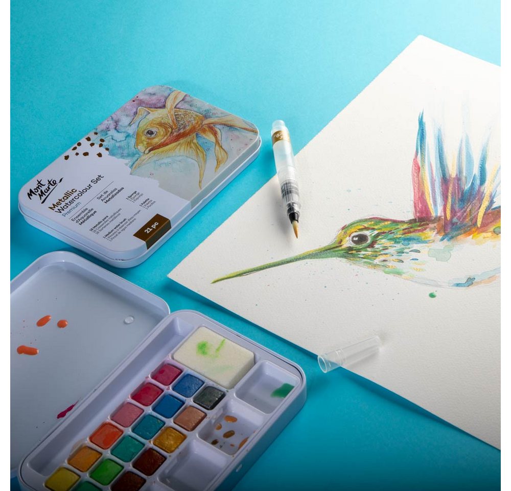 Mont Marte Aquarellfarbe Set 18 Metallic Farben – Extrem schimmernd auf hellem & dunklem Papier, Faszinierender Metallic-Glanz für Kunstwerke mit Tiefe und Ausdruck Bild 3