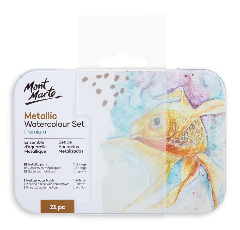 Mont Marte Aquarellfarbe Set 18 Metallic Farben – Extrem schimmernd auf hellem & dunklem Papier, Faszinierender Metallic-Glanz für Kunstwerke mit Tiefe und Ausdruck Bild 4