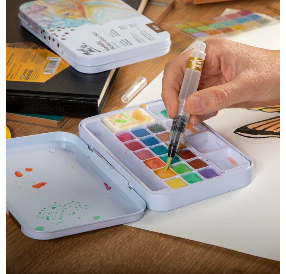 Mont Marte Aquarellfarbe Set 18 Metallic Farben – Extrem schimmernd auf hellem & dunklem Papier, Faszinierender Metallic-Glanz für Kunstwerke mit Tiefe und Ausdruck Bild 5